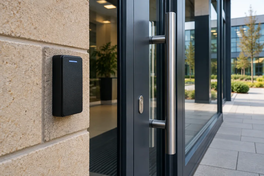 RFID access reader at a commercial office door