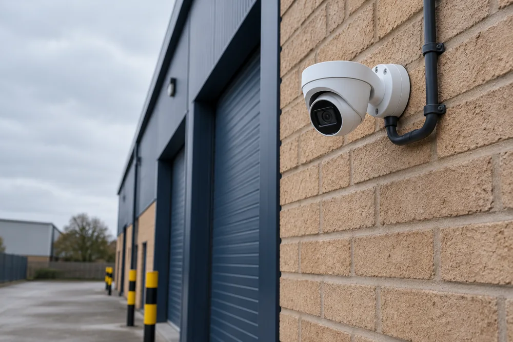 Turret CCTV camera on a commercial brick facade