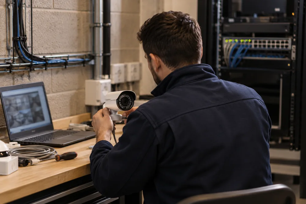 Engineer testing CCTV equipment at a workbench