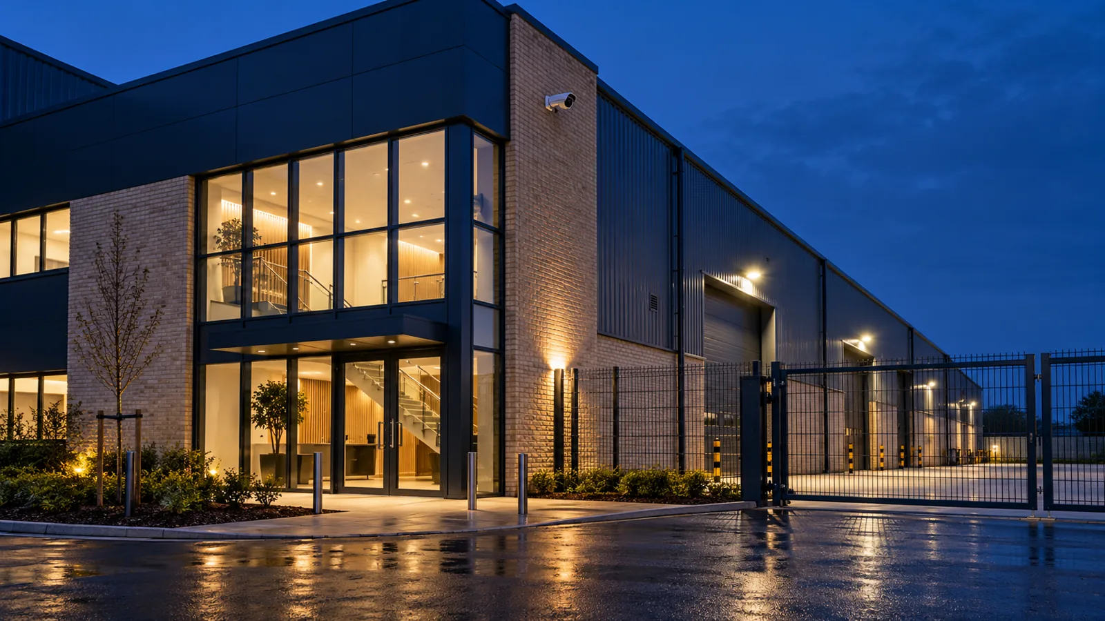 Commercial warehouse at blue hour with discreet CCTV and perimeter fencing